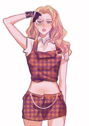Rule 34 | absurdres, animification, arm behind back, bead bracelet, beads, blonde hair, blue eyes, bracelet, collared shirt, cropped shirt, highres, jeon somi, jewelry, k-pop, long hair, looking down, midriff, navel, parted lips, plaid, plaid skirt, real life, red skirt, red tank top, shirt, siiideee, skirt, straight-on, tank top, white background, white shirt, wrist cuffs