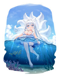 Rule 34 | 1girl, :o, animal, animal ear fluff, animal ears, bare arms, bare shoulders, blue eyes, blue sky, breasts, cloud, collarbone, commentary request, coral, day, fish, fox ears, fox girl, fox tail, frilled one-piece swimsuit, frills, full body, grey footwear, grey hair, grey one-piece swimsuit, hair between eyes, highres, innertube, kitsune, kyuubi, large breasts, looking at viewer, multiple tails, one-piece swimsuit, original, parted lips, partially underwater shot, sandals, satsuki yukimi, sky, solo, standing, standing on one leg, swim ring, swimsuit, tail, water