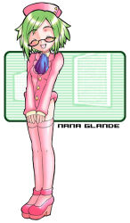 Rule 34 | 1girl, ascot, blue ascot, blush, breasts, closed eyes, glasses, green hair, hat, high heels, jacket, long sleeves, looking at viewer, nana glande, open mouth, pink footwear, pink hat, pink jacket, pink thighhighs, shoes, short hair, small breasts, smile, standing, thighhighs, uniform, usamirui, white background