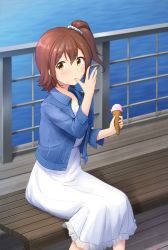 Rule 34 | 1girl, artist name, basa rutan, bench, blush, brown hair, buttons, day, denim, denim jacket, dress, feet out of frame, fence, food, hair ornament, hair scrunchie, hairclip, highres, holding, holding food, ice cream, ice cream cone, idolmaster, idolmaster million live!, jacket, kasuga mirai, licking, licking finger, long sleeves, looking at viewer, ocean, one side up, outdoors, scrunchie, short hair, sitting, solo, white dress, wing collar, yellow eyes