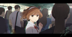 Rule 34 | blurry, brown eyes, brown hair, business suit, crowd, depth of field, formal, headband, kobayashi gen, letterboxed, long hair, looking at viewer, looking back, ponytail, school uniform, shirt, subway station, suit, t-shirt