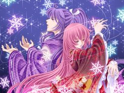 Rule 34 | 1boy, 1girl, artist request, blue eyes, closed eyes, japanese clothes, kamui gakupo, kimono, long hair, megurine luka, nail polish, open mouth, parted lips, pink hair, ponytail, purple hair, snow, very long hair, vocaloid, wallpaper