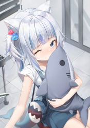 Rule 34 | 1girl, animal ear fluff, animal ears, bag, bare arms, blue dress, blue eyes, blue hair, blush, cat ears, commentary, cube hair ornament, hugging doll, dress, fins, fish tail, from above, gawr gura, gawr gura (casual), hair ornament, highres, hololive, hololive english, indoors, injection, long hair, looking at viewer, mame (hyeon5117), hugging object, one eye closed, one side up, shark tail, shirt, shoulder bag, side ponytail, sidelocks, silver hair, sitting, solo, stuffed animal, stuffed shark, stuffed toy, syringe, tail, tearing up, virtual youtuber, white shirt