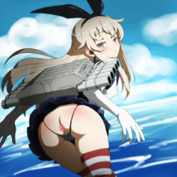 Rule 34 | 10s, 1girl, anus, anus only, ass, backless panties, blonde hair, blue eyes, butt crack, dutch angle, elbow gloves, female focus, from behind, gloves, hair ribbon, highleg, highleg panties, kantai collection, long hair, looking at viewer, looking back, panties, partially visible vulva, ribbon, shimakaze (kancolle), skirt, solo, striped clothes, striped thighhighs, tekuteku (yuuhodou), thigh gap, thighhighs, thong, uncensored, underwear, yellow eyes