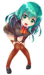 Rule 34 | 10s, 1girl, :d, breasts, brown thighhighs, green eyes, green hair, hands on own knees, highres, kantai collection, large breasts, leaning forward, long hair, looking at viewer, matching hair/eyes, open mouth, sakaki maki, school uniform, smile, solo, standing, suzuya (kancolle), thighhighs, white background, zettai ryouiki