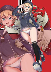 Rule 34 | 1girl, alternate costume, anchor, anchor hair ornament, aqua eyes, blonde hair, blue dress, blue hat, cannon, commentary request, dress, full body, hair ornament, hat, kantai collection, kneehighs, long sleeves, low twintails, moke ro, panties, prinz eugen (kancolle), red background, rigging, sailor collar, sailor dress, sailor hat, salute, socks, solo, thighhighs, torpedo tubes, turret, twintails, undersized clothes, underwear, walking, white panties, zoom layer