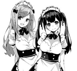 Rule 34 | 2girls, :d, apron, bow, bowtie, breasts, buttons, cleavage, closed mouth, collared shirt, commentary, double-breasted, english commentary, greyscale, large breasts, long hair, looking at viewer, maid, maid apron, maid headdress, monochrome, multiple girls, open mouth, original, shirt, simple background, smile, tabata hisayuki, twintails, white background, wing collar