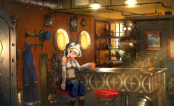 Rule 34 | 1girl, aircraft, antique phone, bag, bandaid, bandaid on face, bandaid on nose, bar (place), bare shoulders, belt, blonde hair, boots, bottle, clock, coat, corded phone, cup, detached sleeves, dirigible, door, drink, fur hat, gears, goggles, hat, hat rack, highres, holding, kaatoso, light bulb, original, painting (object), pants, phone, purple eyes, red upholstery, ribbed sweater, robot, rotary phone, round window, short hair, sitting, smile, steampunk, stool, sweater, window