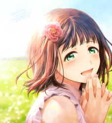 Rule 34 | 1girl, 2018, :d, amami haruka, blurry, blurry background, blush, brown hair, dated, floating hair, flower, from side, green eyes, hair flower, hair ornament, highres, idolmaster, idolmaster (classic), nogoodlife, open mouth, outdoors, pink flower, portrait, shirt, short hair, sleeveless, sleeveless shirt, smile, solo, white shirt