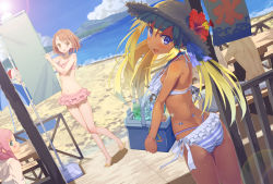 Rule 34 | 1boy, 3girls, :d, aqua eyes, ass, back, bangle, banner, bare arms, bare shoulders, beach, bench, bikini, blonde hair, blue bikini, blue eyes, blue sky, blush, bottle, bracelet, breasts, brown eyes, brown hair, closed mouth, cloud, cloudy sky, commentary request, cooler, dark skin, day, dutch angle, fence, frilled bikini, frills, hair ornament, hairclip, halterneck, hat, head tilt, highleg, highleg bikini, highres, holding, horizon, jewelry, kooribata, long hair, looking at viewer, looking to the side, mountain, multiple girls, navel, ocean, open mouth, original, outdoors, pink bikini, pink hair, profile, shadow, short hair, shorts, sidelocks, sky, slippers, small breasts, smile, standing, stomach, strap, straw hat, striped bikini, striped clothes, sun, swimsuit, table, tomato (madanai the cat), twintails, v-shaped eyebrows, water, water bottle, white shorts