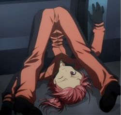 Rule 34 | 00s, 1girl, against wall, ass, bodysuit, breasts, folded, full-length zipper, full body, gloves, hair ribbon, jumpsuit, looking at viewer, mikogami ranko, one eye closed, purple eyes, red eyes, red hair, ribbon, screencap, short hair, side ponytail, sky girls, small breasts, solo, stitched, third-party edit, upside-down, wince, wink, zipper