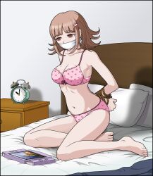 1girl absurdres alarm_clock alternate_costume arms_behind_back bare_arms bare_legs barefoot bed bound bound_wrists bra breasts brown_eyes brown_hair cleavage clock cloth_gag clothes_pull collarbone danganronpa_(series) danganronpa_2:_goodbye_despair gag gagged galaga handheld_game_console highres improvised_gag indoors just_some_guy large_breasts long_sleeves matching_underwear medium_hair mole mole_on_breast nanami_chiaki navel panties pants pants_pull pillow pink_bra pink_panties red_ribbon restrained ribbon rope shelf sitting solo stomach underwear underwear_only