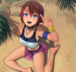 Rule 34 | 1girl, :d, armband, barefoot, belt, black choker, blue eyes, blurry, blush, bracer, choker, commentary, day, depth of field, english commentary, feet, hair between eyes, hand up, highres, jewelry, kairi (kingdom hearts), kingdom hearts, kingdom hearts i, lasterk, looking at viewer, looking up, midriff, miniskirt, necklace, open mouth, outdoors, red hair, short hair, sitting, skirt, smile, solo, tank top, wristband