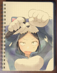 Rule 34 | 1boy, alternate costume, animal costume, animal hands, black hair, fang, gloves, green eyes, hekicha, highres, holding, holding microphone, kabe taijin, long sleeves, looking at viewer, male focus, microphone, open mouth, paripi koumei, paw gloves, short hair, solo, traditional media, wolf boy, wolf costume, wolf hood, wolf paws