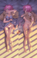 Rule 34 | 1girl, ass, barefoot, bed sheet, black-framed eyewear, blush, breasts, butt crack, cleavage, dakimakura (medium), fate/grand order, fate (series), feet, from above, full body, glasses, groin, hair over one eye, highres, jacket, looking at viewer, lying, mash kyrielight, mash kyrielight (senpai killer outfit), medium breasts, multiple views, no shoes, official alternate costume, on back, on stomach, panties, purple eyes, purple hair, rotix, sample watermark, short hair, sideboob, underwear, undressing, watermark
