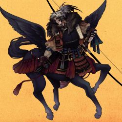 Rule 34 | 1boy, armor, arrow (projectile), bow (weapon), brown gloves, centaur, commentary request, doshaburi (kushira), dou, feathered wings, full body, fur trim, gloves, grey hair, holding, holding arrow, holding bow (weapon), holding weapon, horse tail, japanese armor, japanese clothes, kote, kusazuri, looking at viewer, male focus, monster boy, multiple legs, original, parted lips, ponytail, quiver, shoulder armor, sidelocks, sideways mouth, sode, solo, standing, tail, tassel, taur, weapon, wings, yellow background