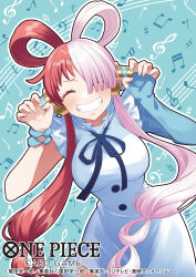 Rule 34 | blush, claw pose, closed eyes, copyright name, cowboy shot, dress, elbow gloves, facing viewer, fingerless gloves, fingernails, gloves, grin, hair rings, hands up, highres, koushi rokushiro, long hair, multicolored hair, musical note, one piece, pink hair, red hair, sleeveless, sleeveless dress, smile, split-color hair, teeth, twintails, two-tone hair, uta (one piece), white dress, white hair