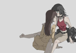 Rule 34 | 2girls, absurdres, arm between legs, bang dream!, bang dream! it&#039;s mygo!!!!!, barefoot, belt, black hair, black jacket, blue eyes, brown dress, brown hair, chain, chain necklace, chinese commentary, closed mouth, collar, commentary request, dark skin, dress, grey background, hanasakigawa school uniform, hand on another&#039;s shoulder, highres, jacket, jewelry, kokutouemmm, long hair, long sleeves, looking at another, midriff, multiple girls, necklace, off shoulder, red tank top, sailor collar, school uniform, shiina taki, simple background, smile, tank top, white sailor collar, yahata umiri, yuri