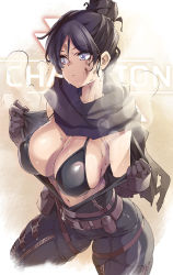 Rule 34 | 1girl, animification, apex legends, belt, belt pouch, bikini, bikini under clothes, black hair, black scarf, bodysuit, breasts, dirty, dirty face, hair bun, highres, large breasts, navel, open bodysuit, open clothes, ponytail, pouch, purple eyes, scarf, shiny clothes, shiny skin, short hair, single hair bun, skindentation, standing, steaming body, sweat, swimsuit, thomasz, utility belt, wraith (apex legends)