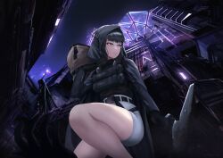 Rule 34 | axe, bag, black gloves, black hair, blood, city, cloak, d (nikke), from below, gloves, goddess of victory: nikke, graffiti, hatchet (axe), high-waist shorts, highres, holding, holding bag, hood, hood up, hooded cloak, long hair, neon lights, night, red eyes, shorts, syn (synstyle), tactical clothes, thighs