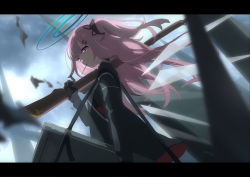 Rule 34 | 1girl, ambriel (arknights), anime coloring, arknights, black coat, black gloves, blurry, carrying, chinese commentary, cloud, cloudy sky, coat, cowboy shot, dadijiji, day, depth of field, detached wings, food, gloves, gun, hair ornament, hairclip, halo, highres, holding, holding gun, holding weapon, letterboxed, long hair, looking at viewer, mouth hold, outdoors, pink eyes, pink hair, pocky, rifle, side ponytail, sky, solo, strap, weapon, wings
