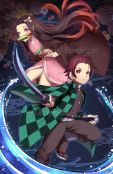 Rule 34 | 1boy, 1girl, bandages, belt, brother and sister, brown hair, buttons, checkered clothes, coat, collar, collared shirt, flower print, gag, gagged, highres, holding, holding weapon, japanese clothes, kamado nezuko, kamado tanjirou, kamaniki, katana, kimetsu no yaiba, kimono, looking away, matching hair/eyes, metal belt, multicolored hair, object in mouth, orange hair, overcoat, pants, pointing weapon, purple eyes, red eyes, red hair, red nails, sandals, scabbard, sheath, shirt, siblings, sparkle, sword, water, watermark, waves, weapon