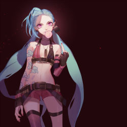 Rule 34 | 1girl, belt, blue hair, chewing gum, dj.adonis, gloves, highres, jinx (league of legends), league of legends, long hair, middle finger, pink eyes, shorts, smile, tattoo, twintails
