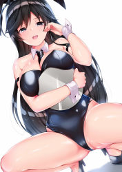 Rule 34 | 1girl, :d, amasora taichi, animal ears, bare shoulders, black eyes, black footwear, black hair, black leotard, black necktie, breast press, breasts, cleavage, collar, collarbone, commentary request, detached collar, dutch angle, girls und panzer, hair between eyes, hand up, high heels, highleg, highleg leotard, highres, holding, holding tray, isuzu hana, large breasts, leotard, long hair, looking at viewer, necktie, open mouth, playboy bunny, pumps, rabbit ears, round teeth, shadow, shoes, smile, solo, spread legs, squatting, strapless, strapless leotard, teeth, tray, upper teeth only, very long hair, white background, white collar, wing collar, wrist cuffs