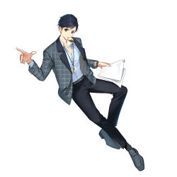Rule 34 | 1boy, alternate hair color, belt, black eyes, black footwear, black hair, black pants, black socks, blue shirt, business suit, closers, coffee, collared shirt, cup, disposable cup, dress shirt, dress shoes, formal, full body, grey belt, grey jacket, hand up, highres, holding, holding cup, holding paper, id card, invisible chair, jacket, lanyard, long sleeves, looking at viewer, male focus, mouth hold, official art, open clothes, open jacket, pants, paper, paperclip, plaid, plaid jacket, salaryman, seha lee, shirt, short hair, sitting, socks, solo, suit, suit jacket, tachi-e, v-shaped eyebrows, watch, white background, wristwatch