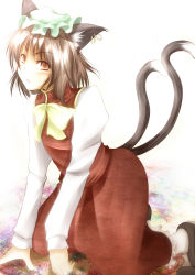 Rule 34 | 1girl, all fours, animal ears, blush, brown eyes, brown hair, cat ears, cat girl, cat tail, chen, earrings, female focus, hat, jewelry, multiple tails, shiroino (shirayuki mutsuki), short hair, solo, tail, touhou, white background