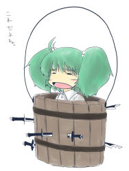 Rule 34 | 1girl, 216, bad id, bad pixiv id, bucket, female focus, green hair, in bucket, in container, kisume, knife, simple background, solo, touhou