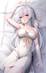 Rule 34 | 1girl, absurdres, ahoge, arm up, armpits, bare shoulders, bed sheet, blue eyes, blush, bow, breasts, closed mouth, collarbone, cowboy shot, dress, eichi (skskdi12z), elaina (majo no tabitabi), from above, green bow, hair between eyes, highres, large breasts, long hair, looking at viewer, lying, majo no tabitabi, messy hair, navel, off-shoulder dress, off shoulder, on back, see-through, see-through dress, sidelocks, silver hair, sleeveless, solo, sparkle, thighs, white dress