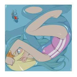 Rule 34 | 1girl, barefoot, blonde hair, blue eyes, feet, female focus, fish, flat chest, highres, lying, on side, one-piece swimsuit, original, partially submerged, solo, swimsuit, tanaka ahiru, toes, water, wet