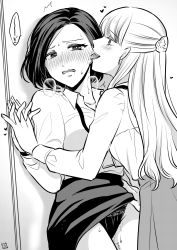 Rule 34 | !, !!, 2girls, blush, clothes lift, commentary request, ear licking, earrings, eyebrows hidden by hair, greyscale, heart, highres, holding hands, interlocked fingers, jewelry, lanyard, licking, lifting another&#039;s clothes, monochrome, multiple girls, namaniku (nmnk2020), original, parted lips, skirt, skirt lift, sweat, teeth, tongue, tongue out, underwear, upper teeth only, yuri