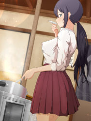 Rule 34 | 10s, 1girl, amaama to inazuma, black hair, blue eyes, breasts, cooking, covered erect nipples, dutch angle, from side, highres, iida kotori, long hair, looking at viewer, looking back, low ponytail, ocza, pleated skirt, ponytail, pot, sidelocks, skirt, sleeves rolled up, solo, steam, tasting