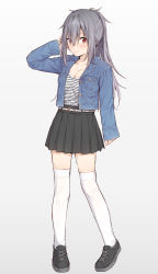 Rule 34 | 1girl, arm up, belt, belt buckle, black footwear, black skirt, blue jacket, blush, breasts, buckle, cleavage, closed mouth, collarbone, commentary request, denim, denim jacket, full body, grey background, grey hair, hair between eyes, high ponytail, highres, jacket, long hair, long sleeves, medium breasts, mikazuchi zeus, open clothes, open jacket, original, pleated skirt, ponytail, red eyes, shirt, sidelocks, skirt, sleeves past wrists, smile, solo, standing, striped clothes, striped shirt, thighhighs, very long hair, white belt, white thighhighs