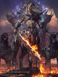 Rule 34 | 1boy, armor, artist name, bahamut crisis, centaur, cloud, collar, company name, dated, dog, fire, fire, flaming sword, flaming weapon, full body, greaves, highres, horns, long hair, male focus, monster boy, outdoors, realistic, grey eyes, solo, spiked collar, spikes, standing, suranaki, taur, watermark, white hair