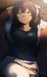 Rule 34 | 1girl, :&lt;, blue shirt, braid, breasts, closed mouth, clothes writing, ergot, hair between eyes, highres, jacket, kantai collection, long hair, lying, medium breasts, on back, on floor, open clothes, open jacket, orange eyes, pantyhose, pleated skirt, shirt, signature, single braid, skirt, solo, souya (kancolle), white pantyhose, white skirt
