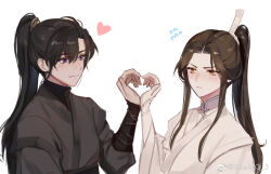 Rule 34 | 2boys, artist name, bishounen, black hair, black robe, blush, brown eyes, brown hair, chinese clothes, chinese commentary, chu wanning, closed mouth, commentary request, erha he tadebai mao shizun, flying sweatdrops, frown, hair between eyes, hair ornament, hand up, hanfu, heart, heart hands, heart hands duo, high ponytail, highres, long hair, long sleeves, looking at another, male focus, mo ran, multiple boys, parted bangs, ponytail, purple eyes, robe, sheng3 3, sidelocks, simple background, upper body, v-shaped eyebrows, vambraces, weibo logo, weibo watermark, white background, white robe, wide sleeves