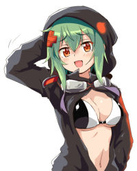 Rule 34 | 1girl, :d, arm behind head, arm up, bikini, bikini top only, black bikini, black jacket, blush, breasts, cleavage, commentary request, digimon, digimon world re:digitize, goggles, goggles around neck, green hair, hair between eyes, hair ornament, hood, hood up, jacket, long sleeves, looking at viewer, medium breasts, n36hoko, navel, open mouth, orange eyes, partially unzipped, print jacket, shinomiya rina, short hair, short hair with long locks, sidelocks, simple background, smile, solo, standing, stomach, swimsuit, two-tone bikini, upper body, white background, white bikini, x hair ornament