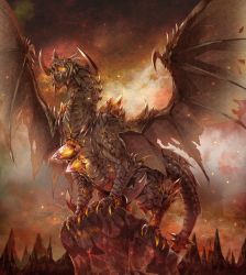 Rule 34 | dragon, fire, glowing, glowing eyes, michii yuuki, monster, no humans, original, pixiv fantasia, pixiv fantasia 5, red eyes, scales, smoke, wings