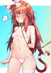 Rule 34 | 1girl, absurdres, anger vein, animal ears, bandaged arm, bandaged leg, bandages, bare shoulders, bdsm, bikini, blue background, blush, breasts, brown collar, brown eyes, brown hair, cat ears, cat tail, child, collar, commentary request, fang, green background, highres, huge filesize, leash, long hair, navel, open mouth, original, shennai misha, skin fang, slave, small breasts, solo, swimsuit, tail, viewer holding leash, white background, white bikini