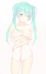 Rule 34 | 1girl, green eyes, green hair, hatsune miku, highres, inushi, long hair, matching hair/eyes, naked towel, solo, towel, twintails, vocaloid