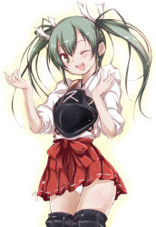 Rule 34 | 10s, 1girl, ;d, armor, bad id, bad pixiv id, black thighhighs, green eyes, green hair, kantai collection, long hair, matching hair/eyes, one eye closed, open mouth, panties, pantyshot, red skirt, ribbon-trimmed clothes, ribbon trim, shirt, simple background, skirt, smile, solo, thighhighs, twintails, underwear, upskirt, white background, white panties, white shirt, wink, yumesato makura, zuikaku (kancolle)