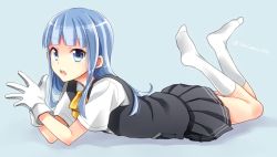 Rule 34 | 10s, 1girl, blue background, blue eyes, blue hair, gloves, hatsukaze (kancolle), kantai collection, kneehighs, kubyou azami, long hair, looking at viewer, lying, matching hair/eyes, on stomach, open mouth, pleated skirt, school uniform, simple background, skirt, socks, solo, twitter username, white gloves, white socks