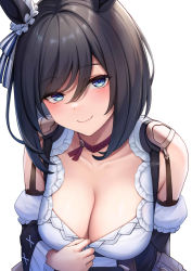 Rule 34 | 1girl, animal ears, black hair, blue eyes, blush, breasts, choker, cleavage, closed mouth, collarbone, dirndl, eishin flash (umamusume), frilled sleeves, frills, german clothes, highres, horse ears, horse girl, large breasts, looking at viewer, red choker, short hair, simple background, smile, solo, umamusume, upper body, white background, ym (distance819)
