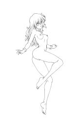 Rule 34 | 1girl, :d, ass, barefoot, bracelet, breasts, choker, full body, graphite (medium), greyscale, harumachi nagaaki, highres, jewelry, lineart, long hair, monochrome, nipples, nude, open mouth, original, simple background, small breasts, smile, solo, traditional media, white background