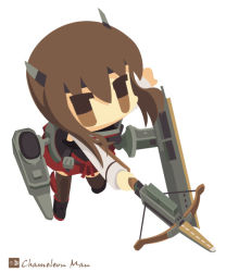 Rule 34 | 10s, 1girl, bad id, bad pixiv id, bow (weapon), brown eyes, brown hair, chameleon man (three), chibi, crossbow, flat color, hair between eyes, headband, holding, kantai collection, looking at viewer, machinery, no lineart, short hair, solo, taihou (kancolle), weapon
