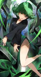 Rule 34 | 1girl, absurdres, bare legs, black dress, breasts, building, city, cleavage, dress, floating clothes, green eyes, green hair, highres, long sleeves, looking at viewer, medium breasts, one-punch man, open mouth, short hair, solo, tatsumaki, telekinesis, tomochi (tmc tmc8)