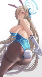 Rule 34 | 1girl, animal ears, ass, asuna (blue archive), asuna (bunny) (blue archive), asymmetrical bangs, bare arms, bare shoulders, blue archive, blue eyes, blue leotard, blush, breasts, brown hair, brown pantyhose, elbow gloves, fake animal ears, fake tail, from behind, gloves, grin, hair ornament, hairband, halo, highres, large breasts, leotard, long hair, looking at viewer, looking back, official alternate costume, pantyhose, parted lips, playboy bunny, rabbit ears, rabbit tail, sideboob, silver bullet (ecc12 8), simple background, smile, solo, strapless, strapless leotard, tail, teeth, thighband pantyhose, thighs, white background, white gloves, white hairband